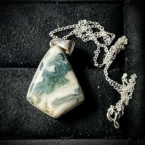 Moss agate pendant with sterling silver chain.